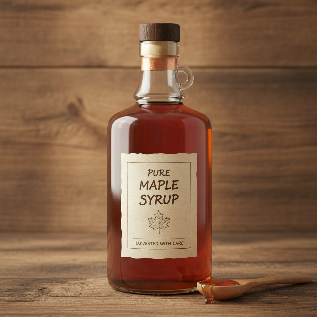 Pure Vermont Maple Syrup on oak wood background