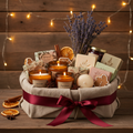 New England artisan gift basket with candles, soaps and seasonal treats