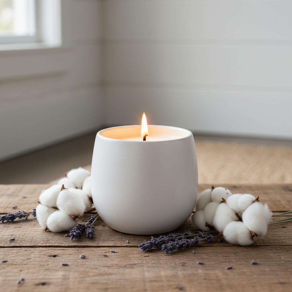 Hand-poured lavender soy candle in matte white ceramic vessel