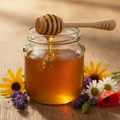 Raw Wildflower Honey on oak wood background