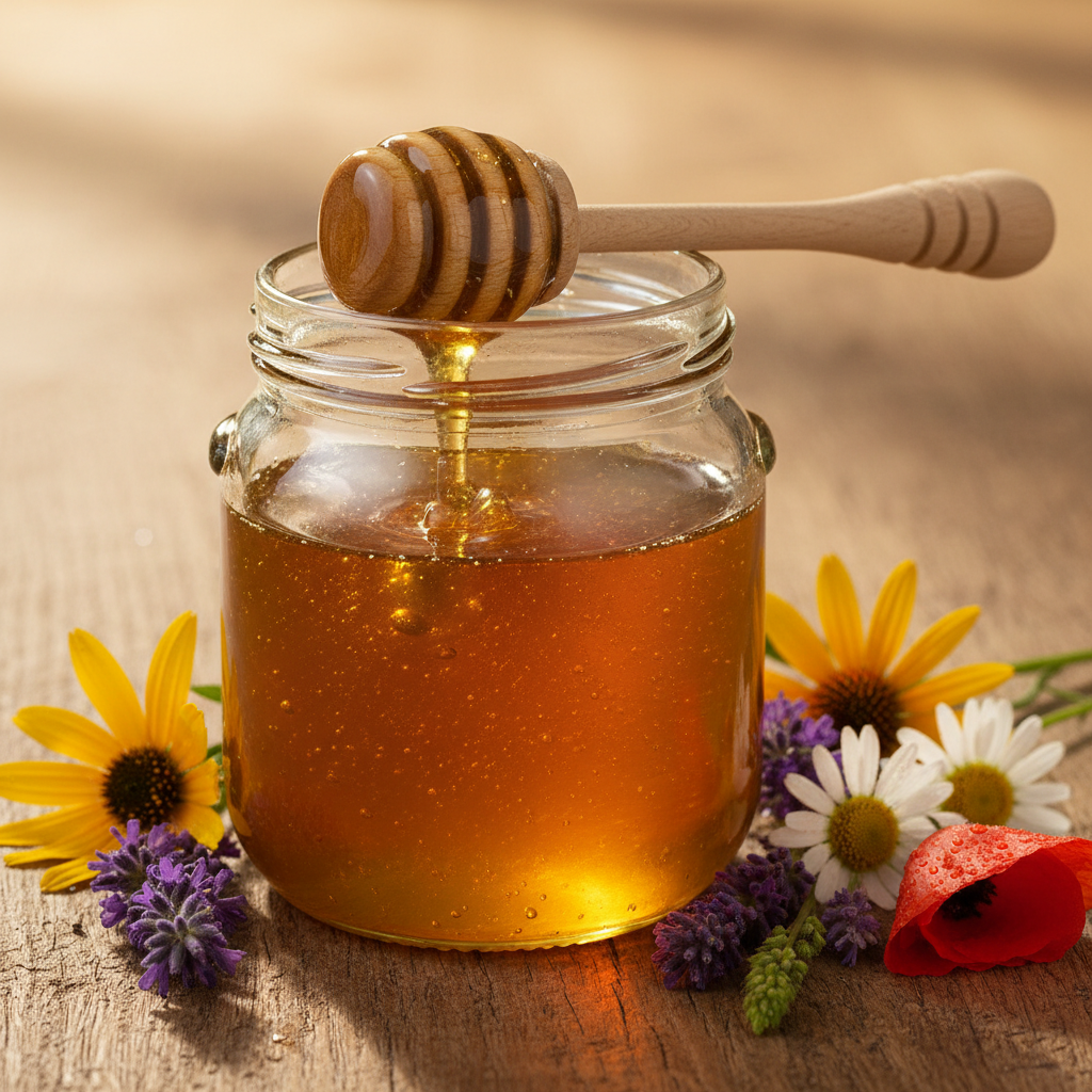 Raw Wildflower Honey on oak wood background