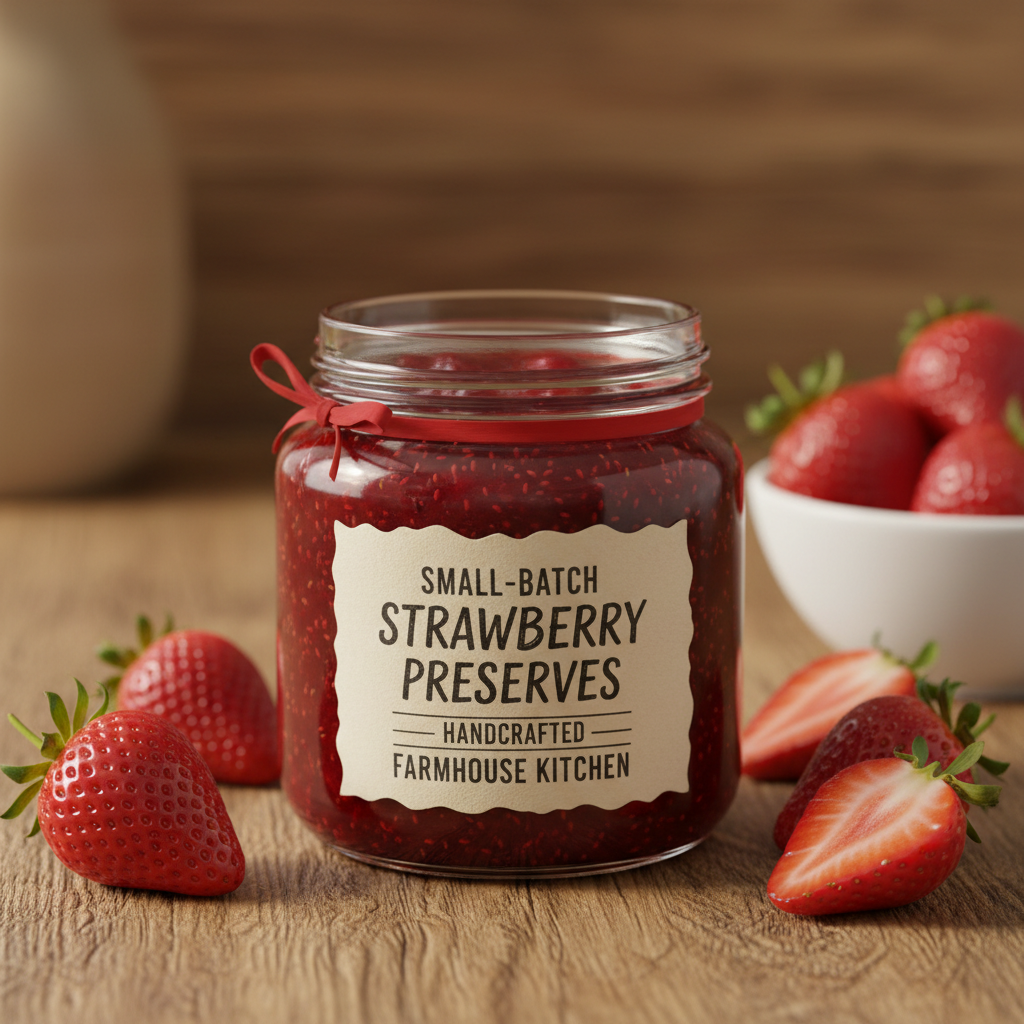 Artisanal Strawberry Jam on oak wood background
