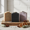 Artisan handmade bar soaps in oatmeal, charcoal and lavender