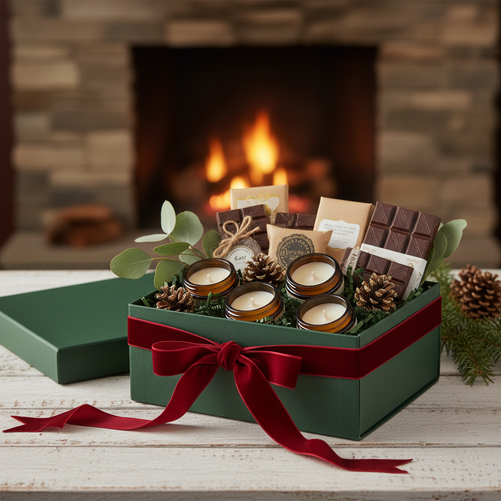 Seasonal holiday gift box with candles, chocolate and velvet ribbon