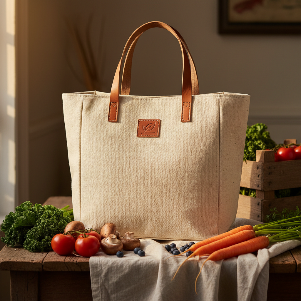 Natural canvas market tote bag with leather handles